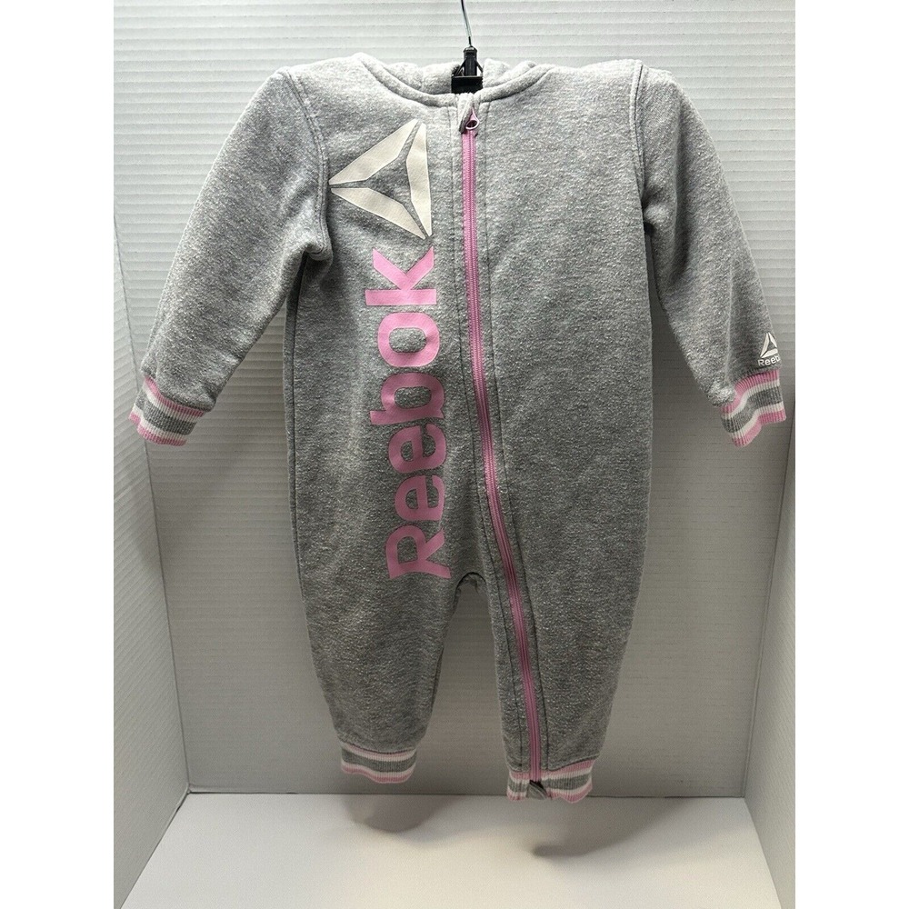 Reebok Baby Girl's Zip Up Hooded Fleece Romper Gray/pink 6-9months